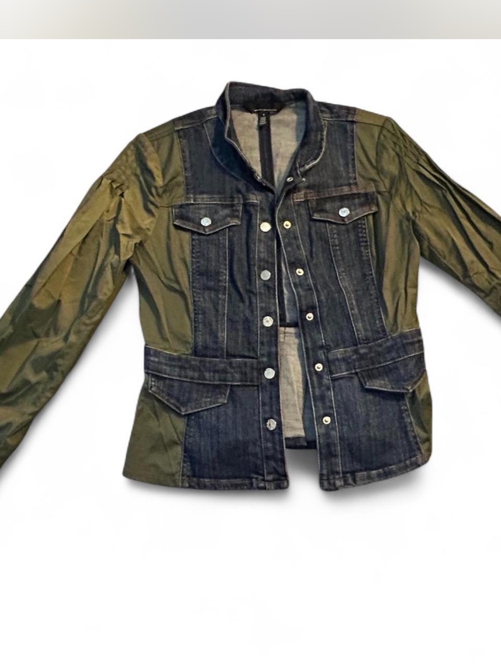 White House Black Market Olive Green & Dark Denim Mixed-Media Jacket